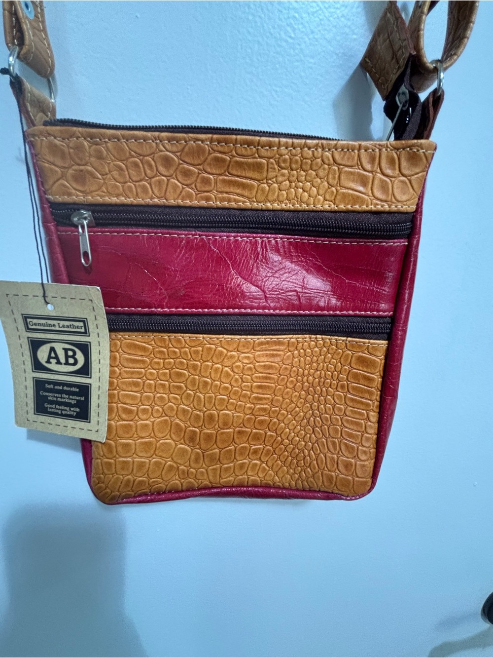 Genuine Leather Two-Tone Red and Tan Crossbody Bag